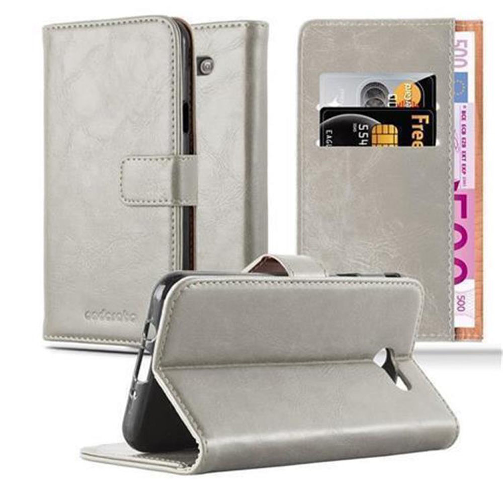 Funda cartera gris para teléfono, con tarjetas y dinero visibles. Abierta y cerrada.
