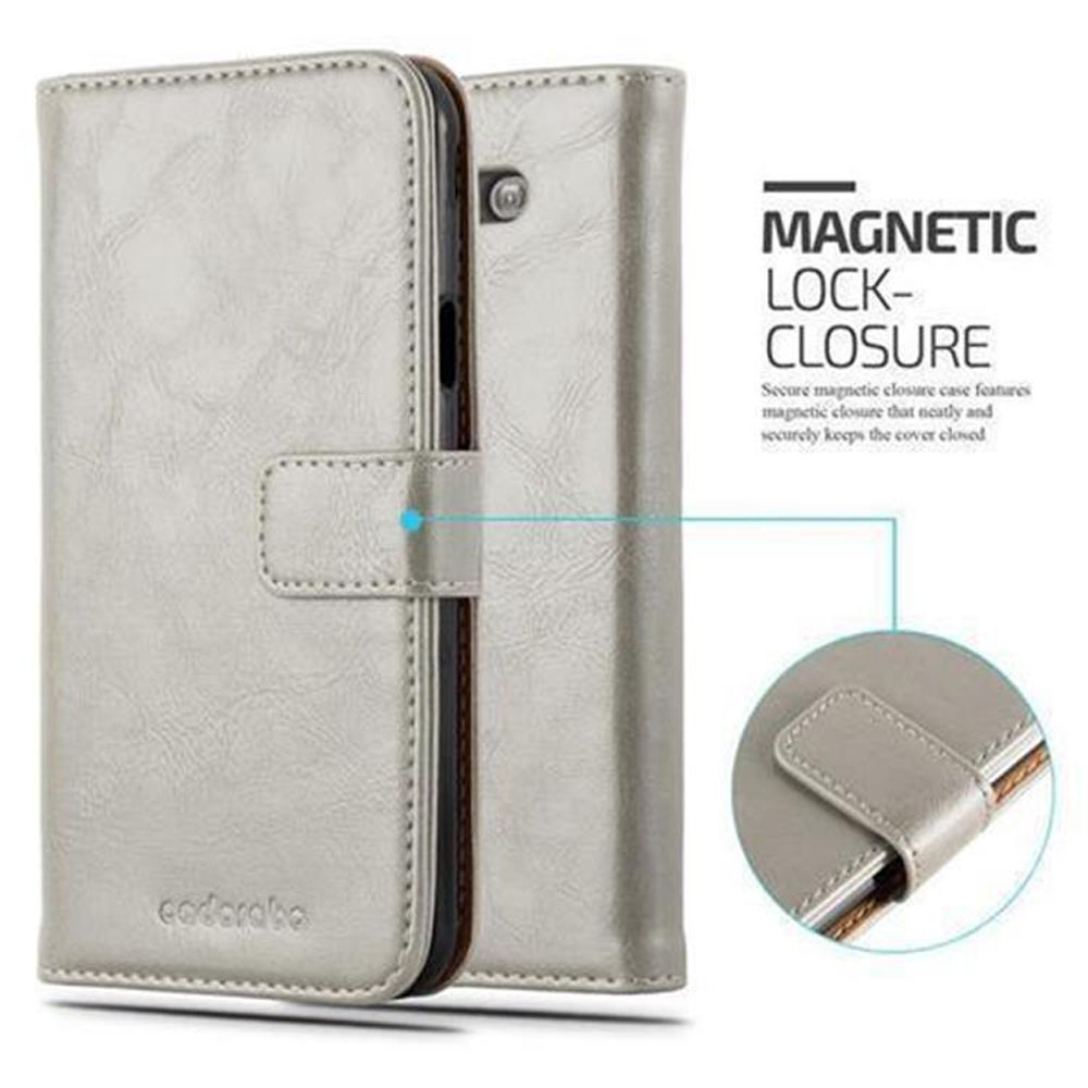 Funda plateada, abierta y cerrada. Con cierre magnético y la marca cadorabo.
