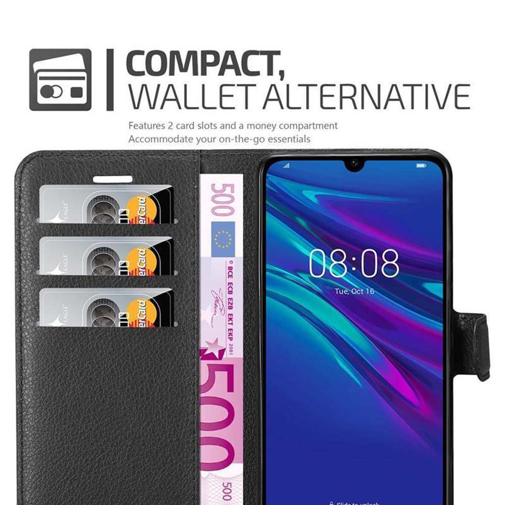 Custodia a portafoglio nera con telefono, scomparti per carte e denaro, accanto al testo "Compact, Wallet Alternative".