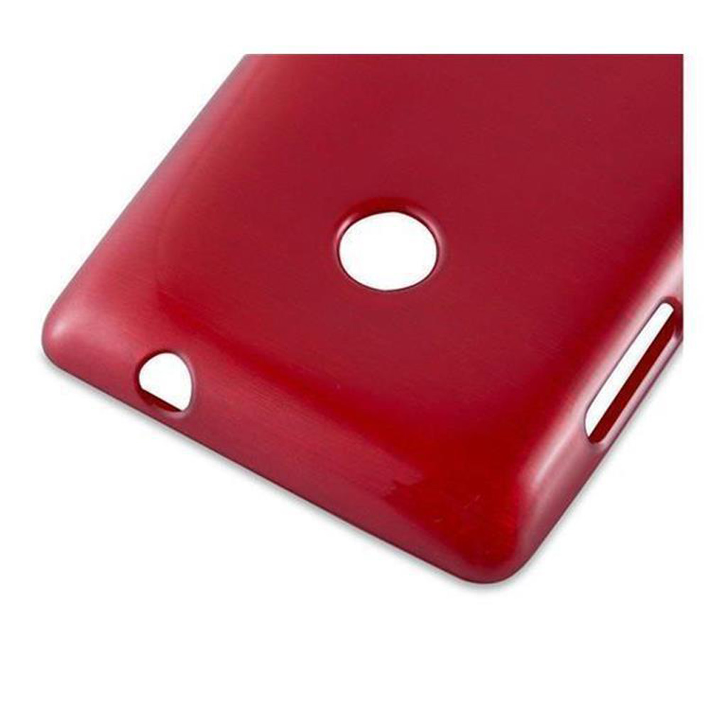 Rote Handyhülle mit Loch und Öffnungen für Aufladen und Lautsprecher.