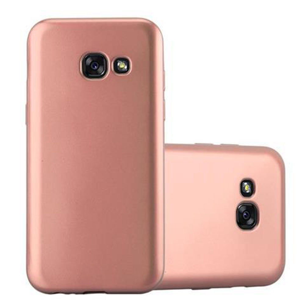 Dos fundas de teléfono oro rosa. Una está de pie y la otra plana, ambas muestran recortes para la cámara.
