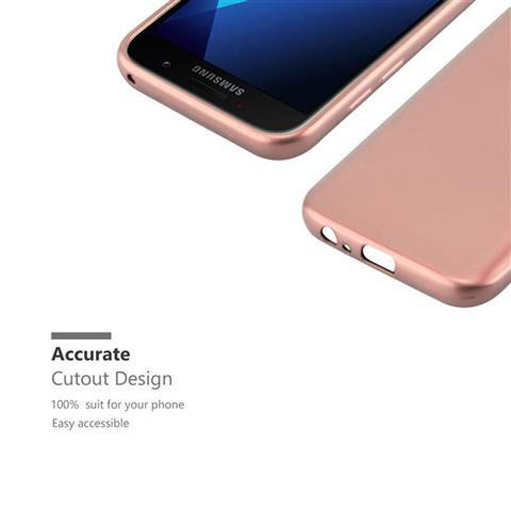 Una funda de teléfono oro rosa en un teléfono con la palabra SAMSUNG visible. La funda tiene un diseño recortado.