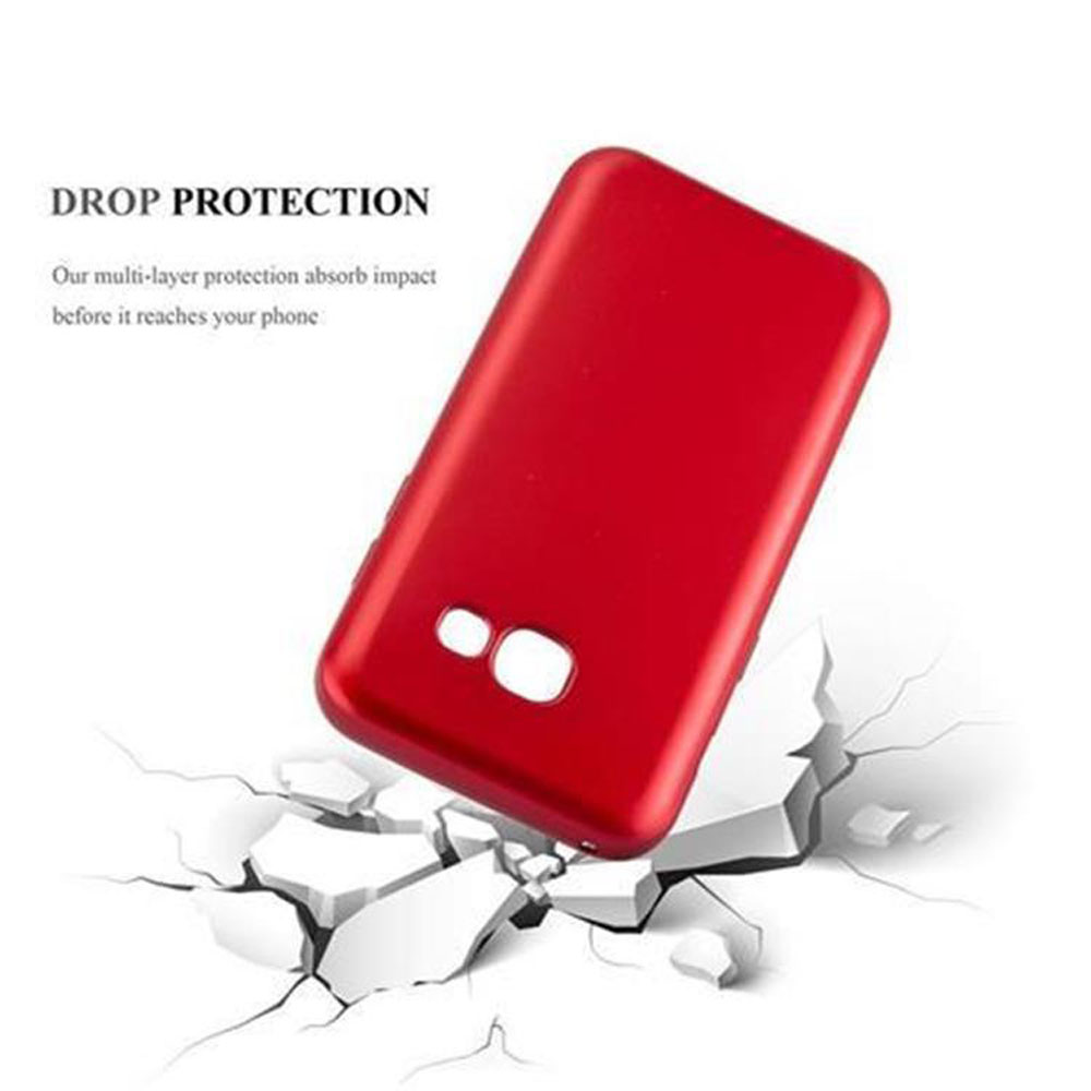 Funda roja para teléfono sobre suelo blanco roto.