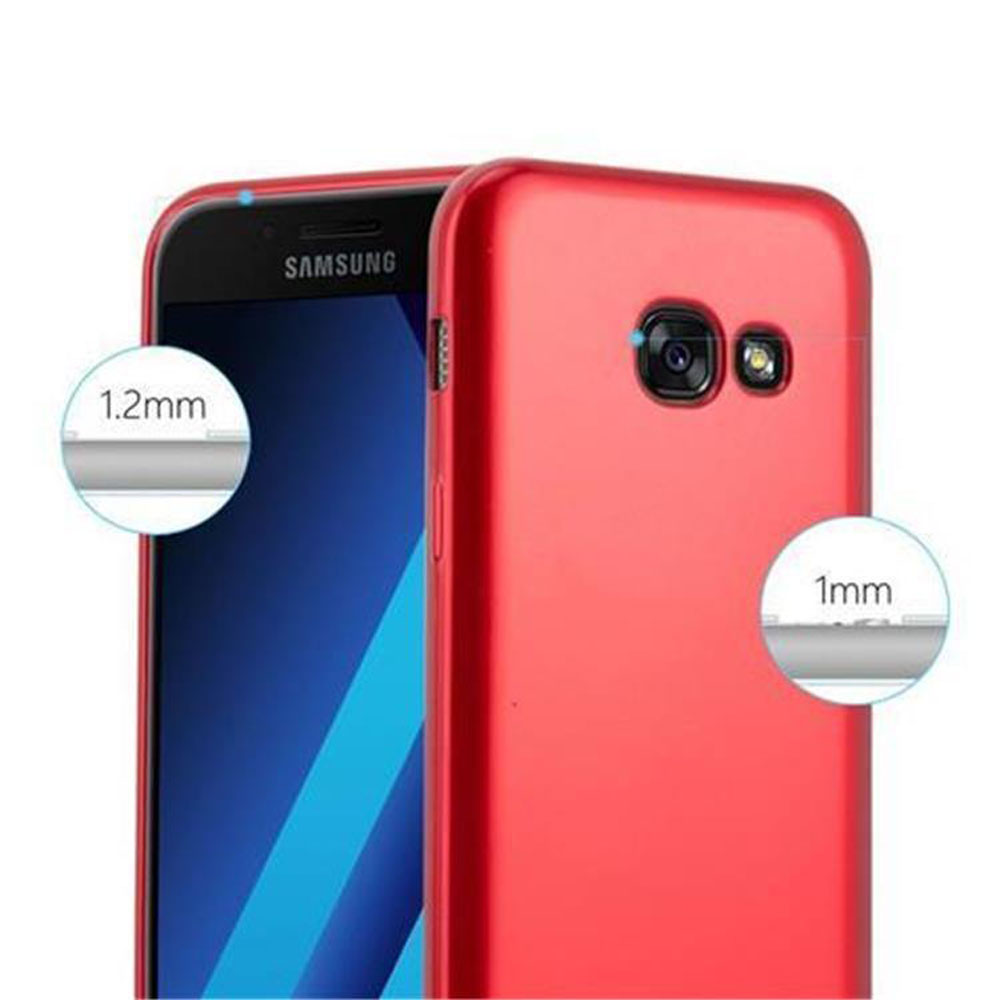 Funda roja para teléfono, vista lateral. La funda tiene recortes para la cámara y es delgada.