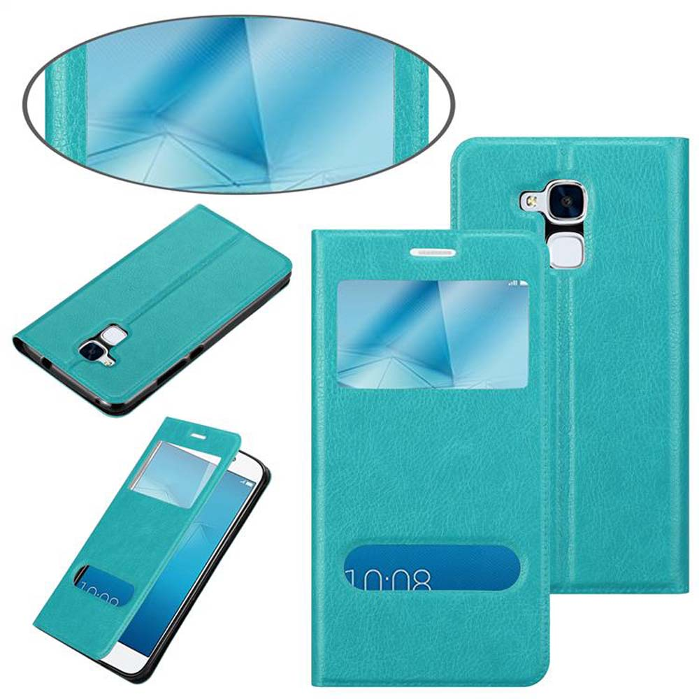 Una custodia per telefono verde acqua con un telefono all'interno e una vista laterale del telefono.