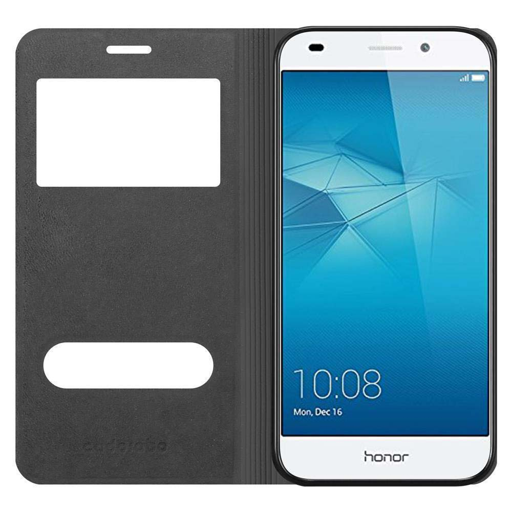 Un telefono con una custodia aperta per visualizzare lo schermo. La custodia ha una finestra per un rapido accesso.