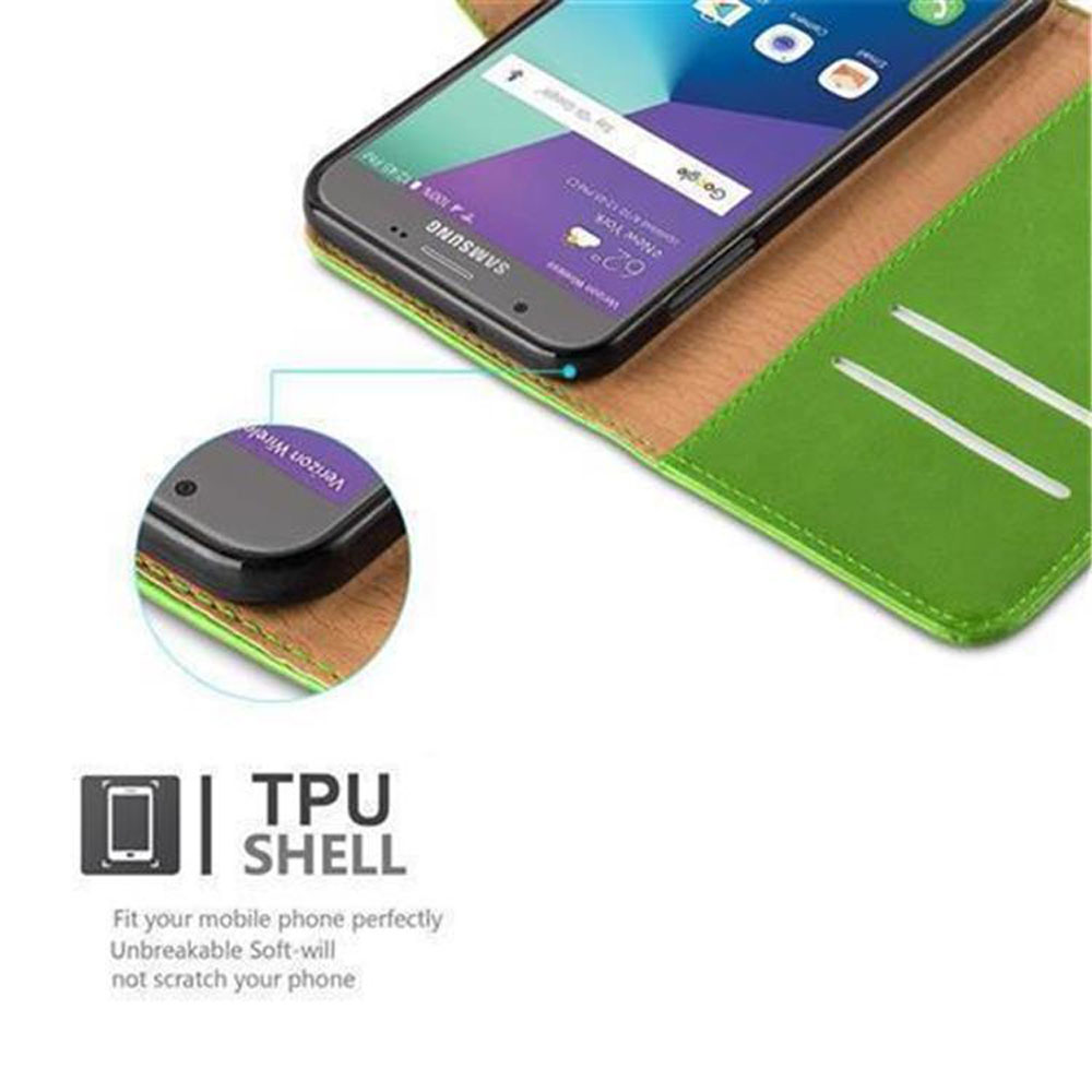 Teléfono en funda de cuero verde. Muestra la pantalla del teléfono y un primer plano de la funda. Texto: 'carcasa de TPU'.