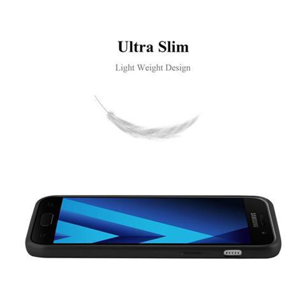 Una funda de teléfono negra sobre una superficie blanca. Texto: Ultra Slim, Diseño ligero.
