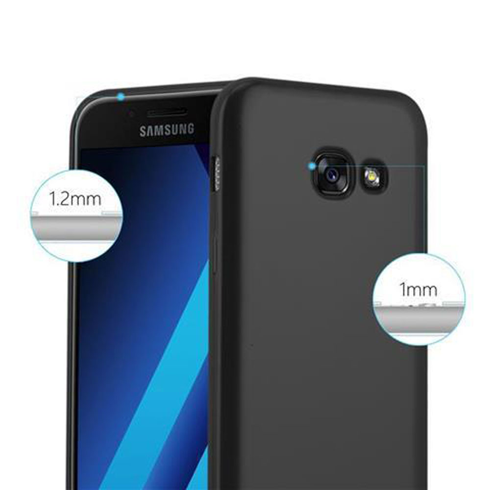Teléfono y funda negros. La funda está alrededor del teléfono. La imagen muestra el grosor de la funda.