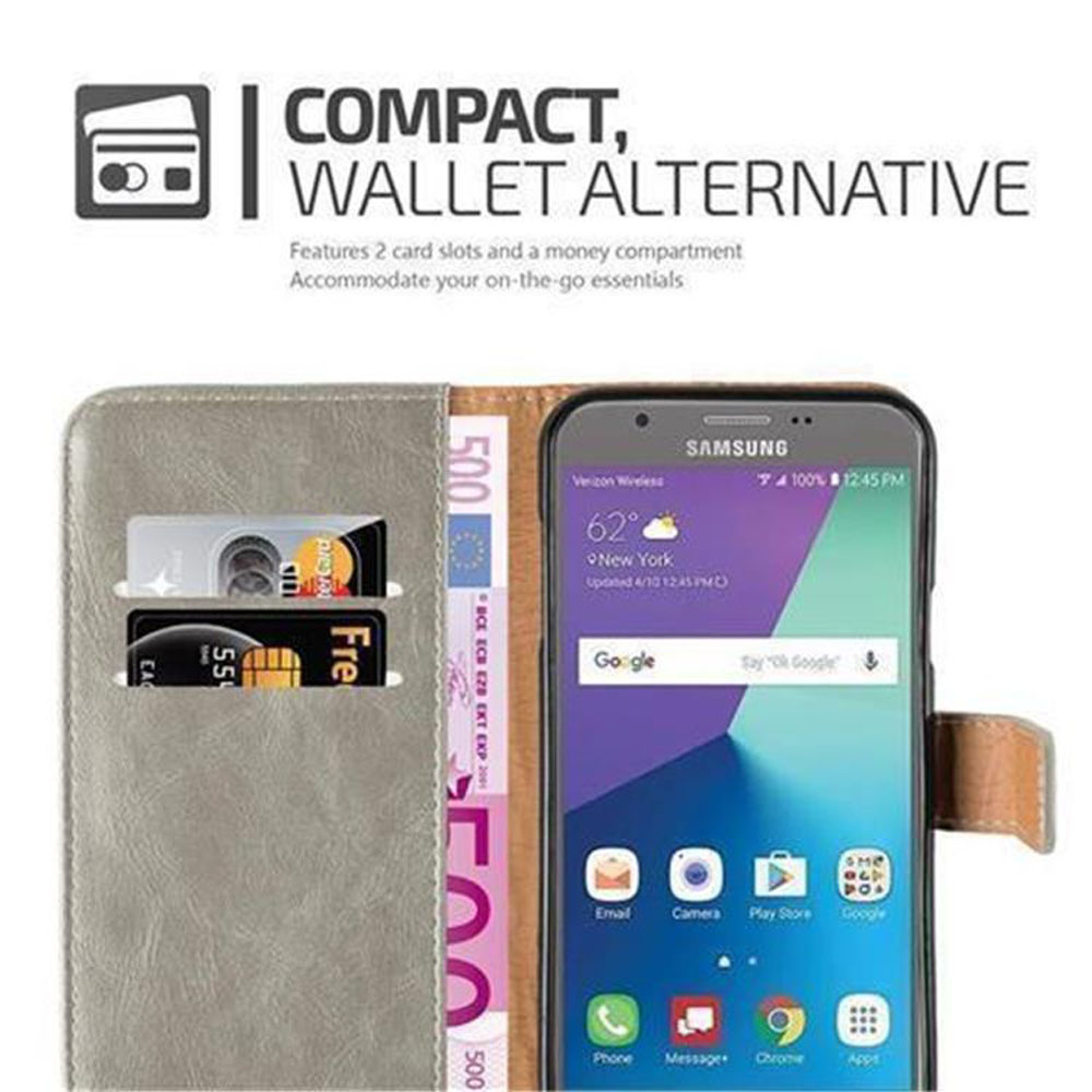 Una funda gris para teléfono con diseño de cartera. La funda está abierta, con tarjetas y dinero visibles.