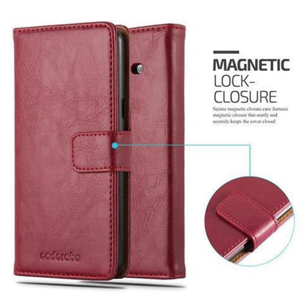 Una funda de teléfono roja con cierre magnético. La funda está abierta, revelando un teléfono en el interior. El texto dice cierre magnético.