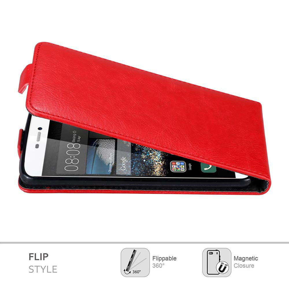 Una funda roja para teléfono plegable está abierta, revelando un teléfono con la hora 08:08 en la pantalla. El fondo es blanco.