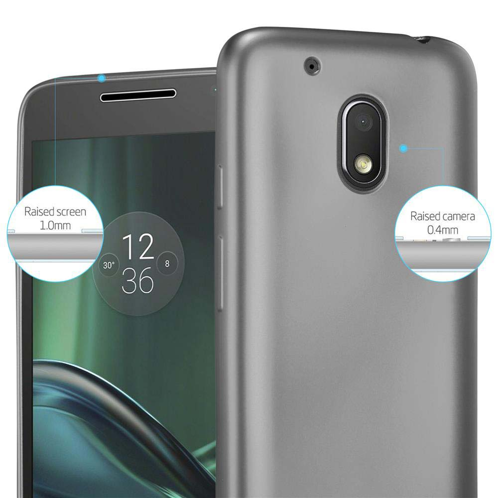 Funda de teléfono gris sobre fondo blanco. Muestra detalles de pantalla y cámara elevados con medidas.
