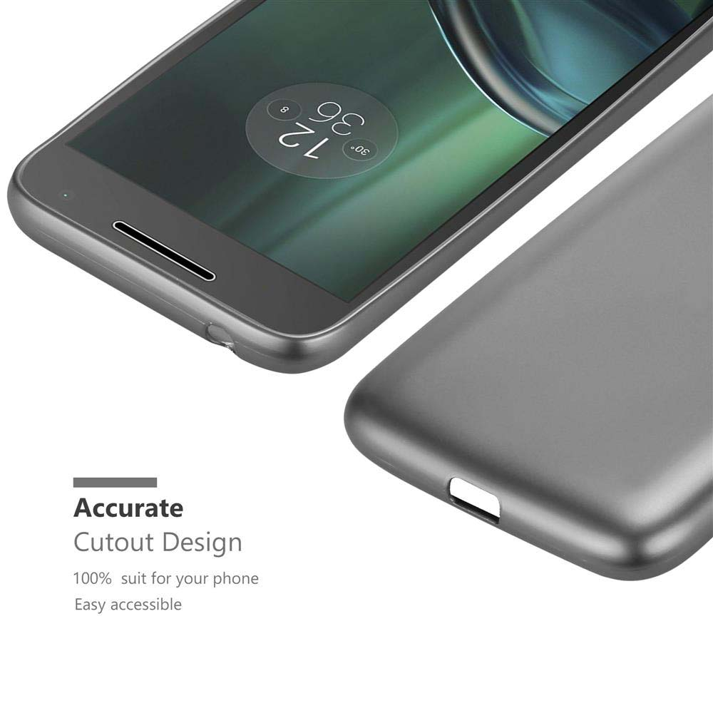 Un teléfono en una funda gris. La funda está sobre una mesa. La imagen destaca el diseño recortado del teléfono.