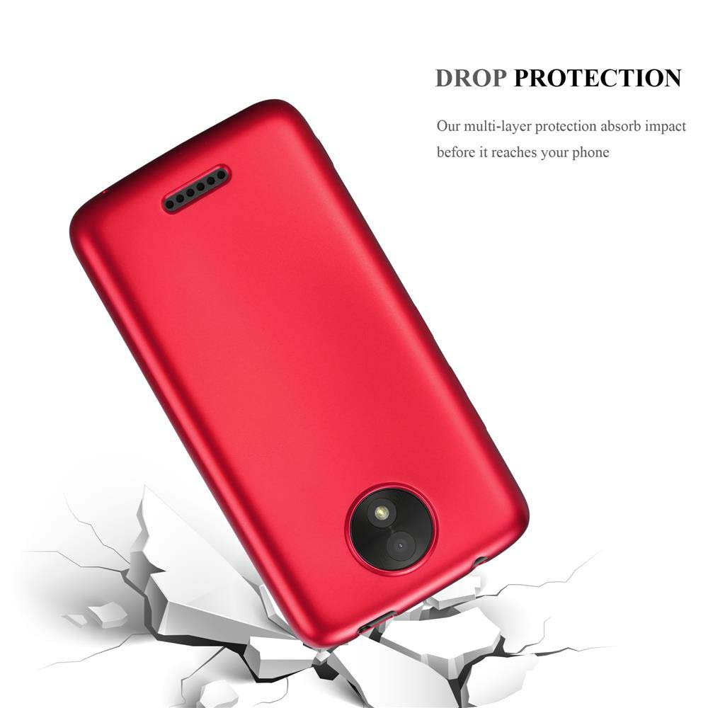 Una custodia rossa per telefono cade e rompe una superficie. Testo: Protezione anticaduta. Obiettivo e flash della fotocamera visibili.