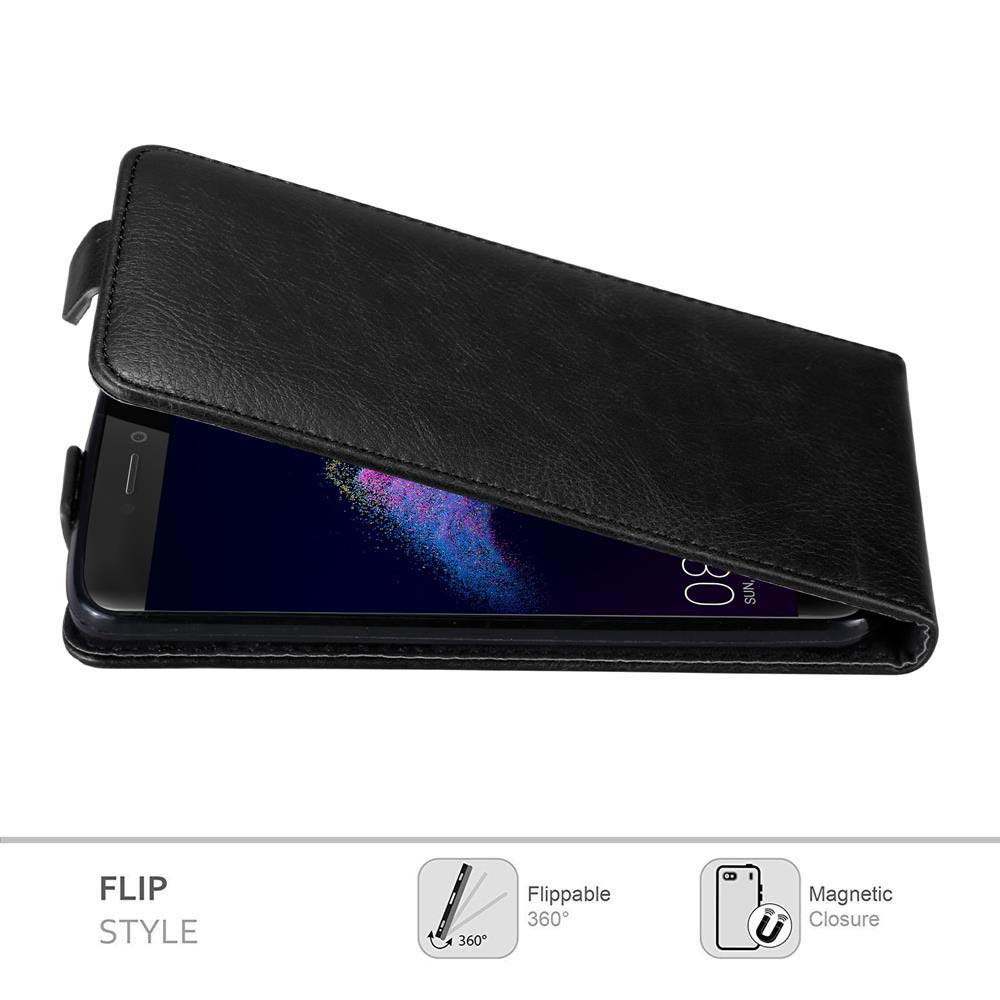 Custodia nera a libro aperta, con schermo del telefono che mostra un display colorato. La custodia ha uno stile a libro.