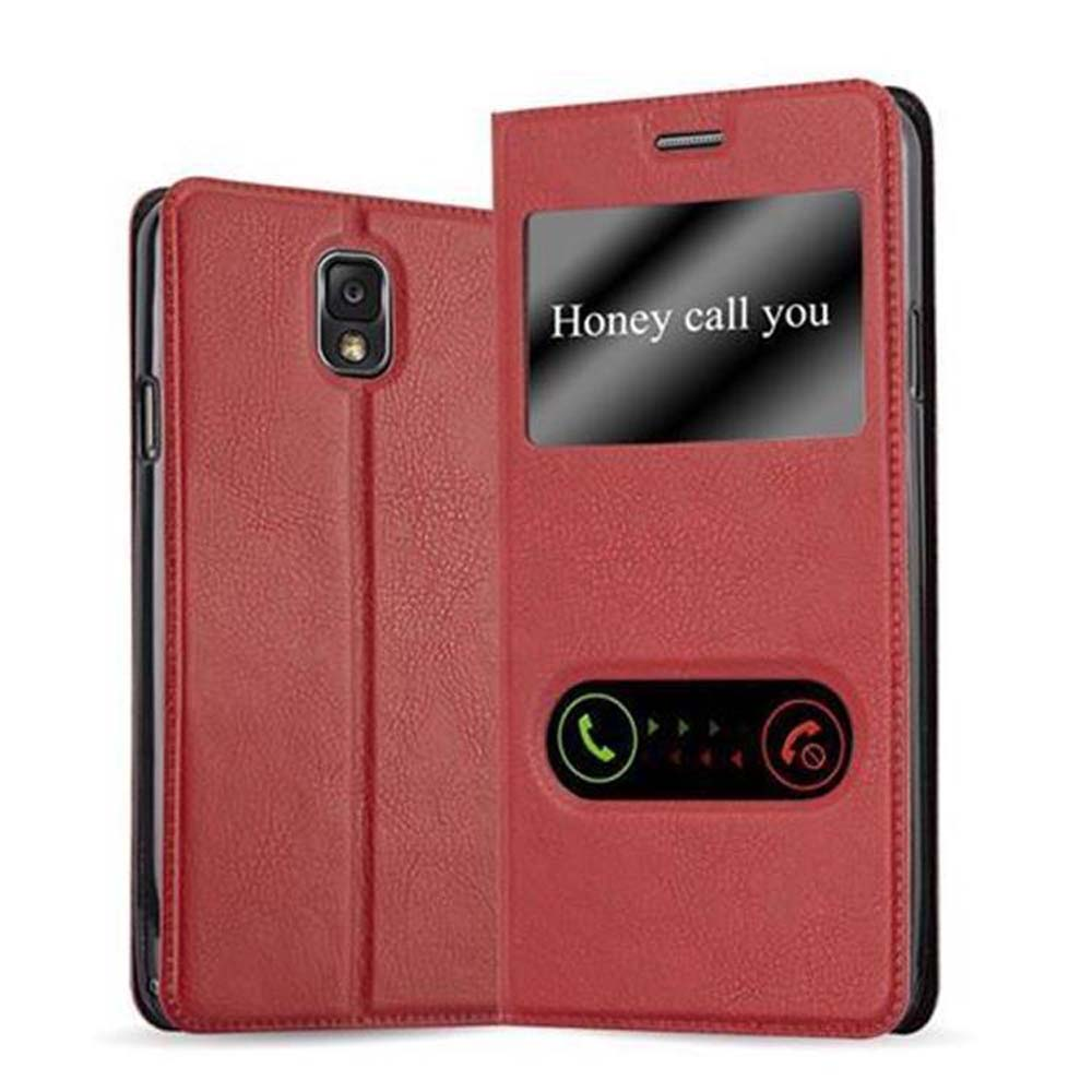 Funda de teléfono roja abierta con un teléfono. La funda dice "Honey call you" en la pantalla. El teléfono está dentro.