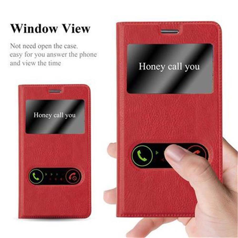 Funda roja para teléfono con ventana para mostrar llamadas. Muestra una mano sosteniendo el teléfono.