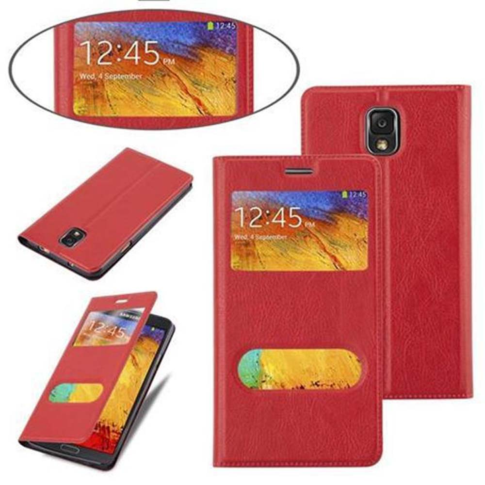 Funda roja con teléfono dentro en diferentes posiciones. La pantalla del teléfono muestra la hora y la fecha.