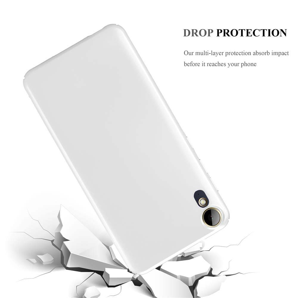 Una funda de teléfono blanca con un teléfono dentro, rompiendo una superficie blanca.