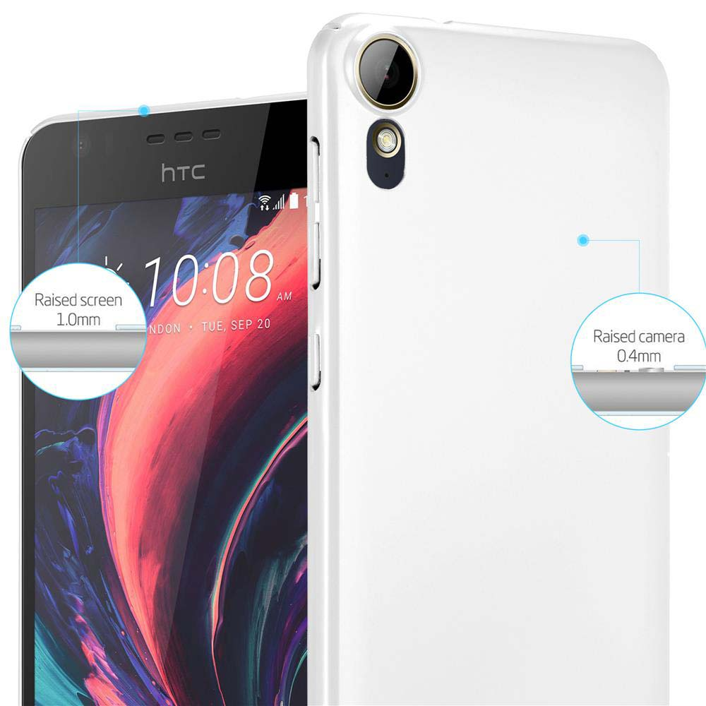 Teléfono blanco con pantalla y cámara elevadas. Diagrama muestra pantalla elevada 1.0mm, cámara elevada 0.4mm.