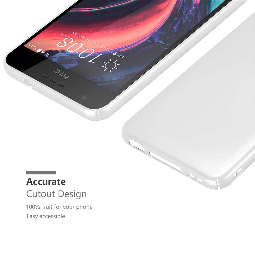 Se muestra un teléfono y funda blancos, con las palabras 'Accurate Cutout Design' y una vista clara del teléfono.
