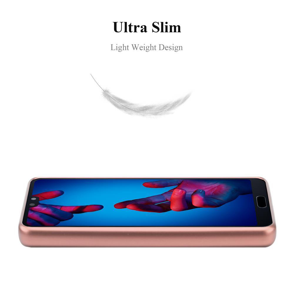 Ein roségoldenes Telefon mit Hülle. Eine weiße Feder schwebt darüber. Die Hülle ist ultra schlank.