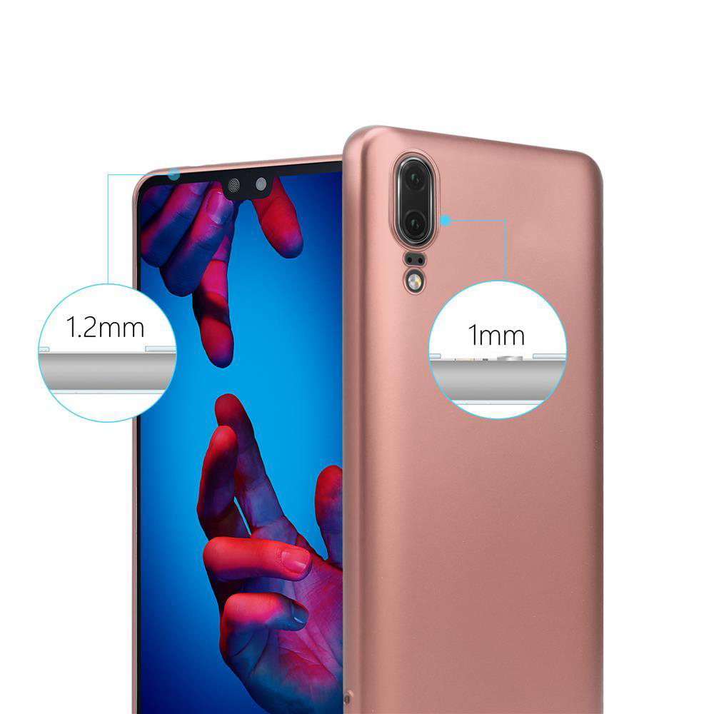 Ein Telefon und eine Hülle werden gezeigt. Die Hülle ist roségold, der Bildschirm 1,2mm, die Hülle 1mm dick.
