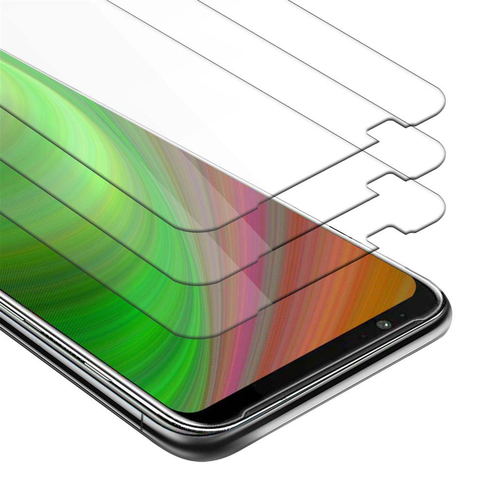 Telefono con protezioni schermo. Lo schermo mostra motivi colorati. Tre protezioni sono posizionate sopra.
