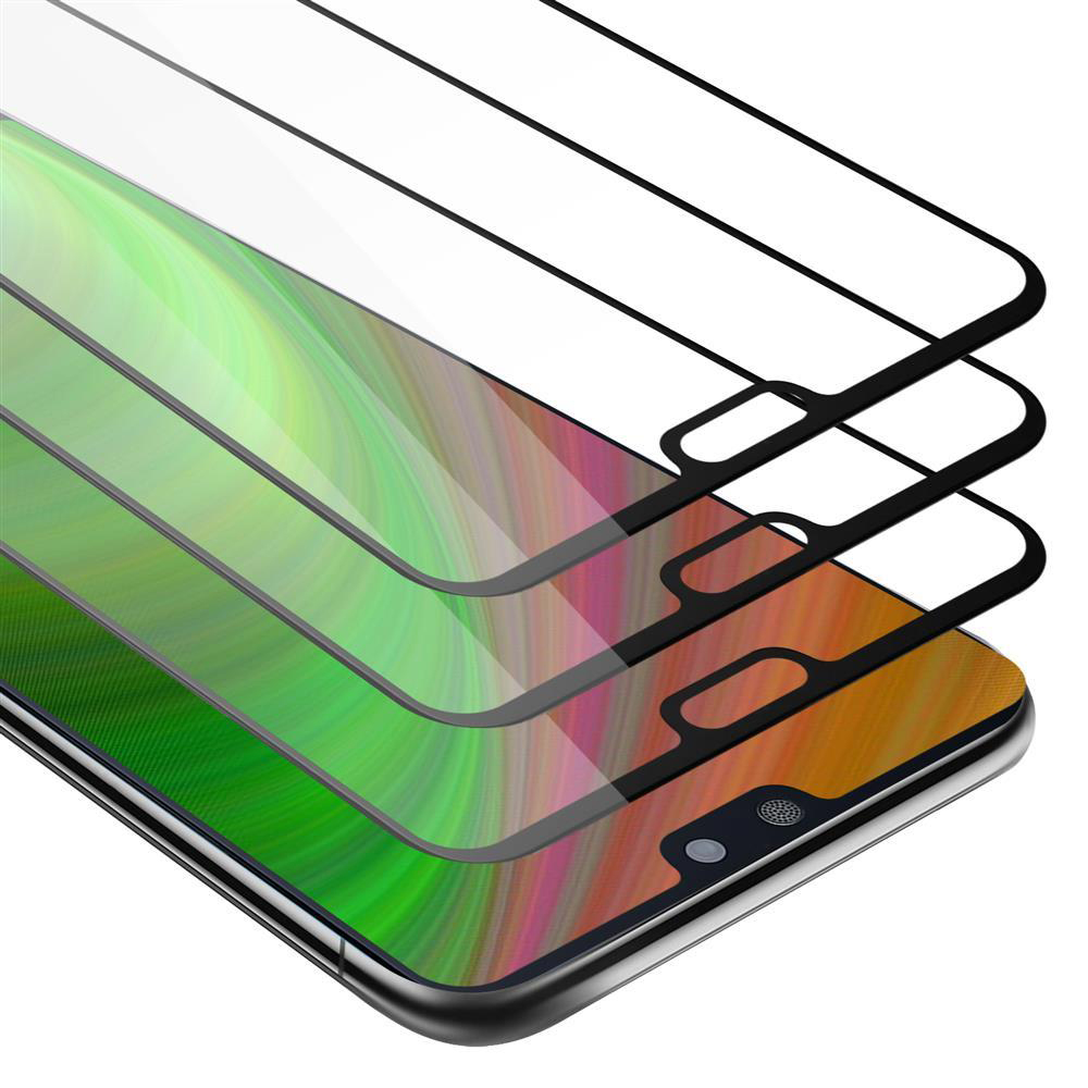 Tre strati protettivi sullo schermo di un telefono, angolati, che mostrano il design dello schermo.