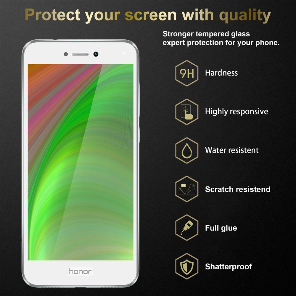 Un telefono Honor bianco mostra un'immagine colorata di una cascata. Le icone indicano durezza, reattività, resistenza all'acqua e altro.