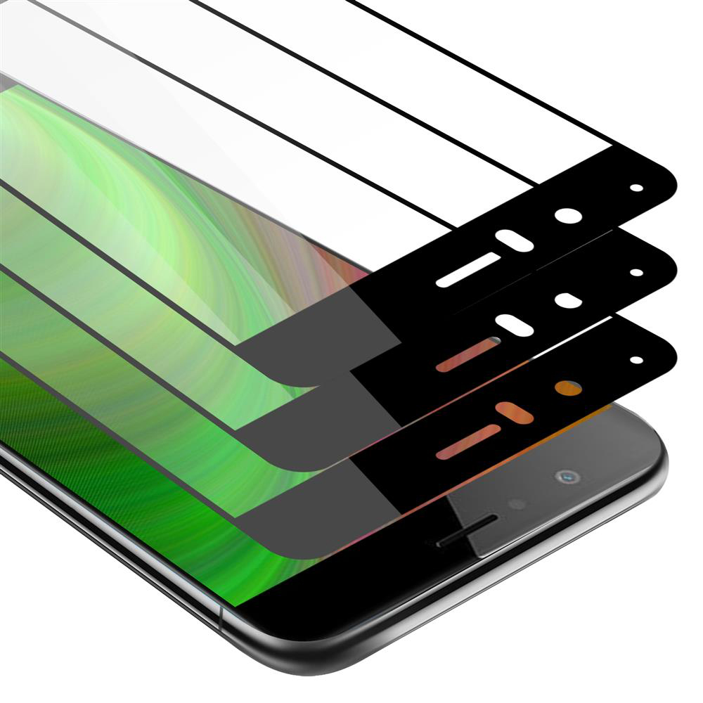Tre protezioni schermo sovrapposte a un telefono nero con barre nere.