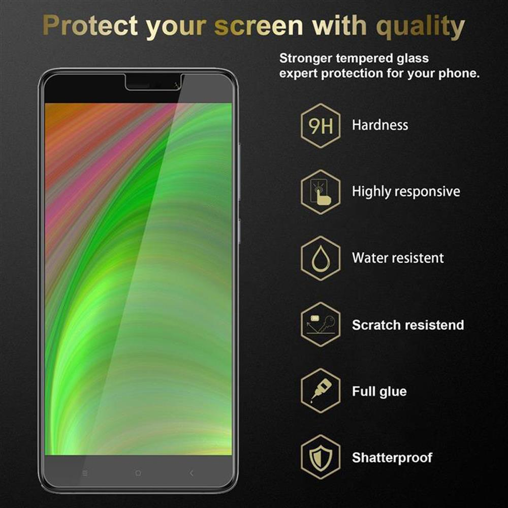 Un telefono con una protezione per lo schermo viene mostrato con del testo. Sulla destra, icone descrivono le qualità della protezione.