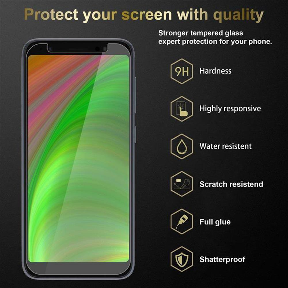 Un telefono con protezione schermo. Il testo descrive le caratteristiche: durezza, reattività, resistenza all'acqua, ecc. su sfondo scuro.