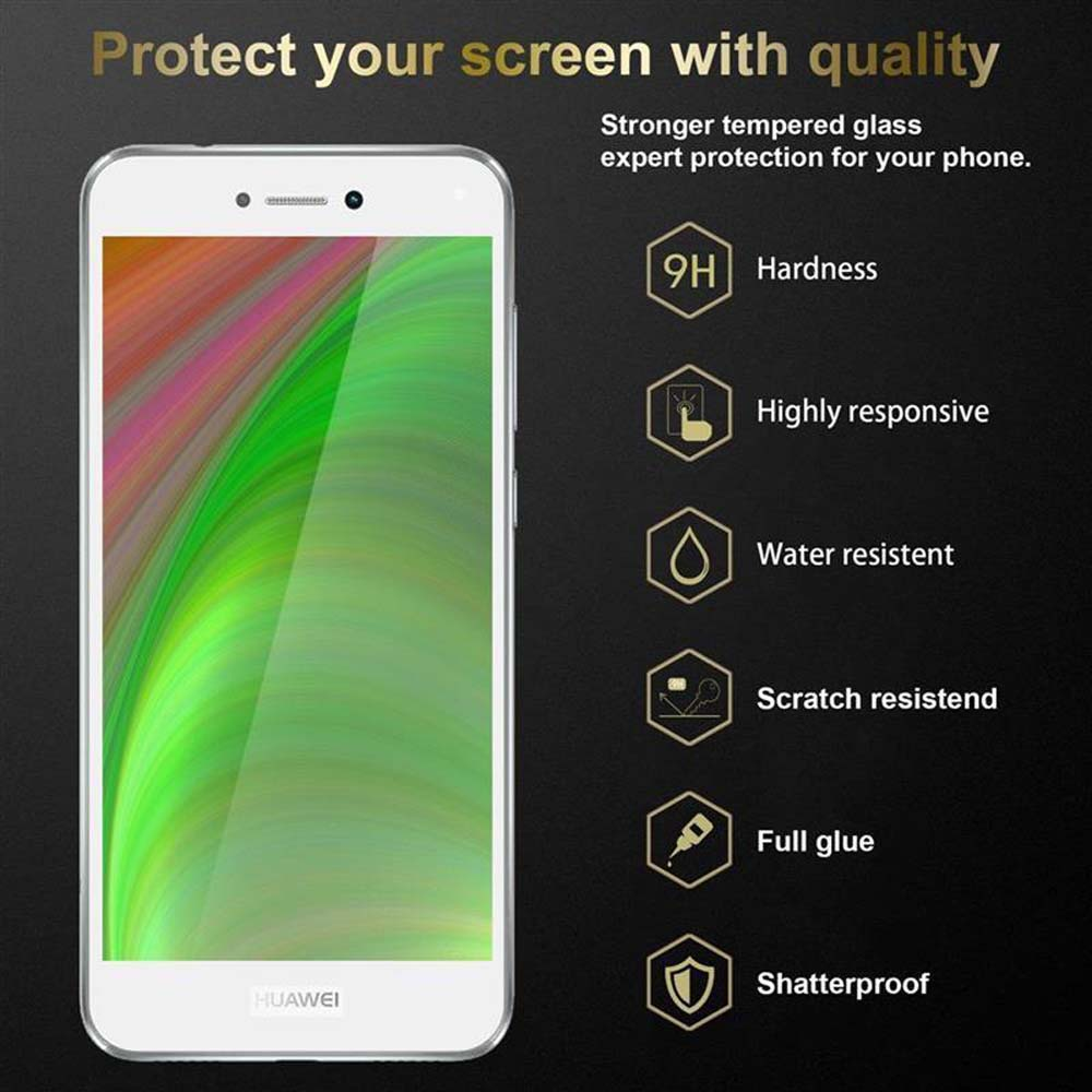 Un teléfono blanco con protector de pantalla. Texto: Proteja su pantalla con calidad. Características: Dureza 9H, etc.