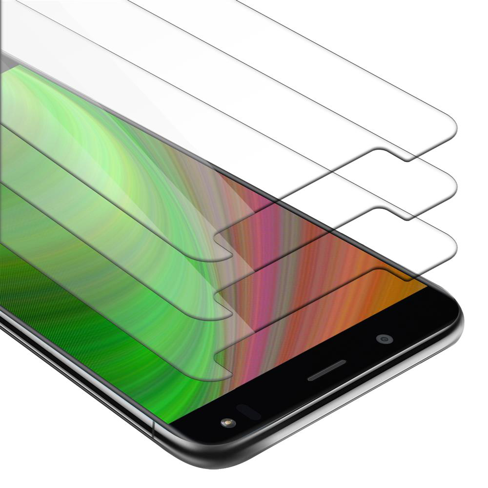 La imagen muestra una pantalla de teléfono protegida por múltiples protectores de pantalla, con un fondo abstracto colorido.