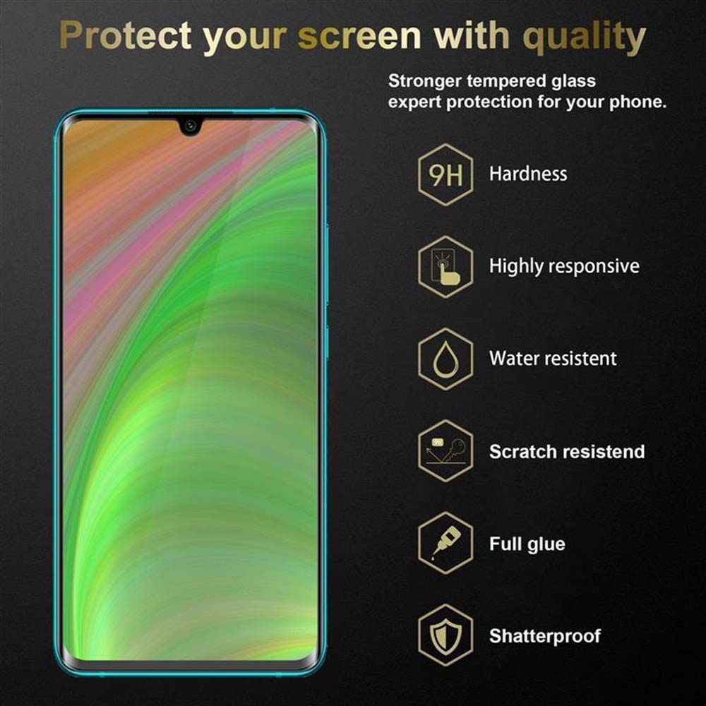 Un telefono con schermo blu. Testo sulle caratteristiche di protezione, tra cui durezza, resistenza all'acqua.