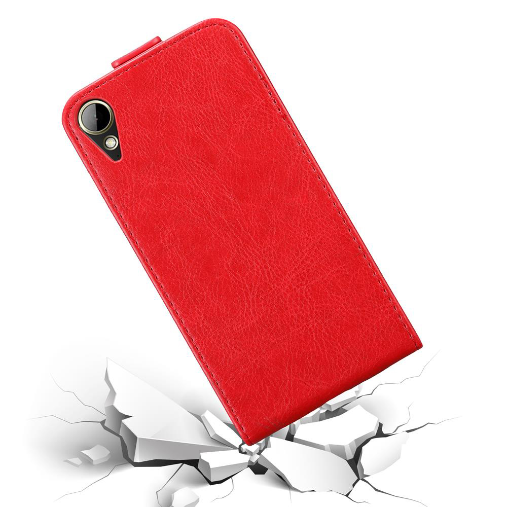 Una custodia rossa per telefono sta cadendo, colpendo una superficie e rompendola. La custodia è angolata. Il prodotto è protezione.