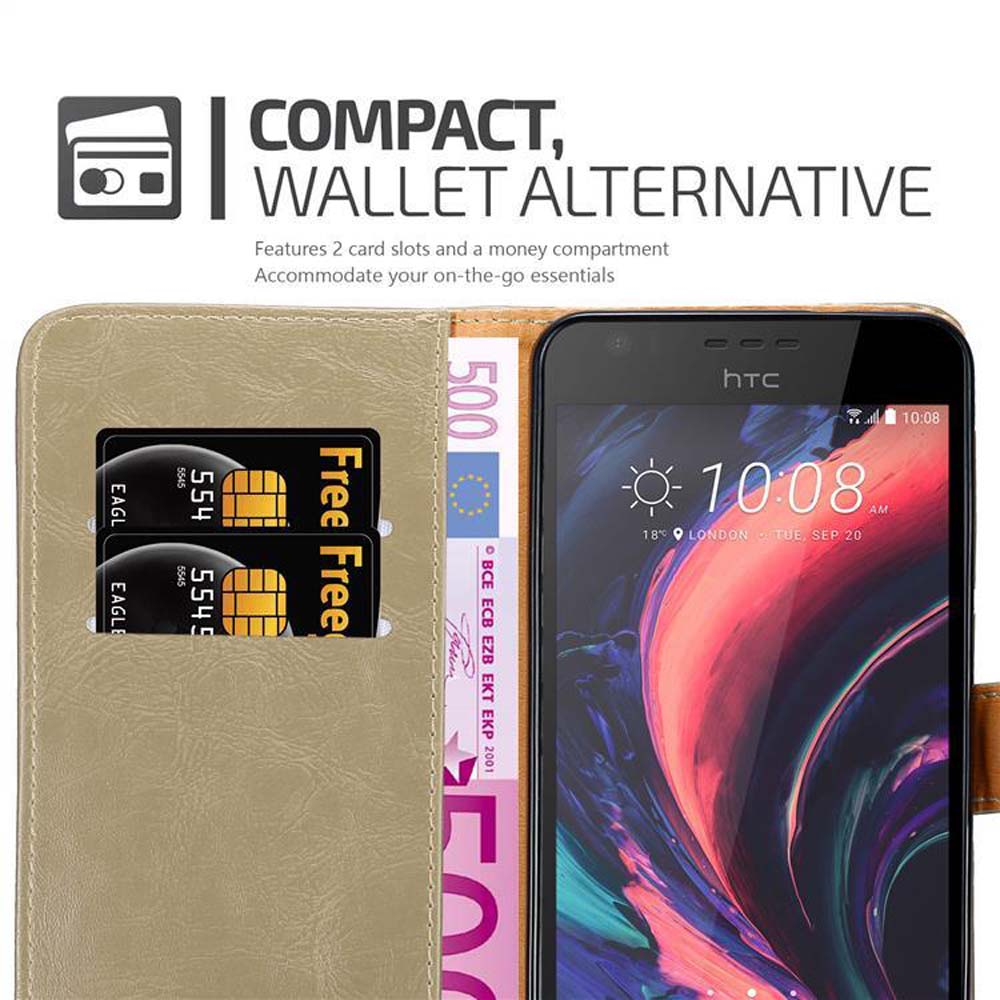 Telefono con custodia a portafoglio aperta, che mostra carte di credito, denaro e schermo. Marrone e beige.