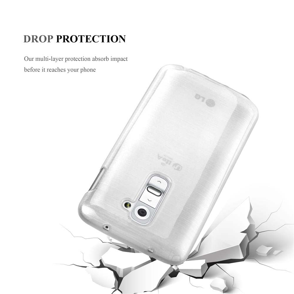 Una funda de teléfono está sobre un suelo agrietado, mostrando protección contra caídas. El teléfono es un modelo LG.