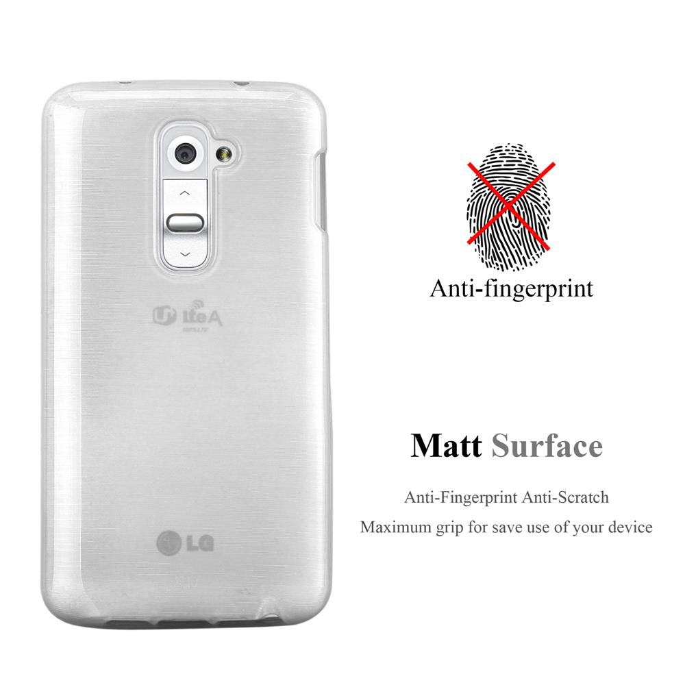 Funda blanca para teléfono con el texto: Superficie mate, y gráfico anti-huellas.