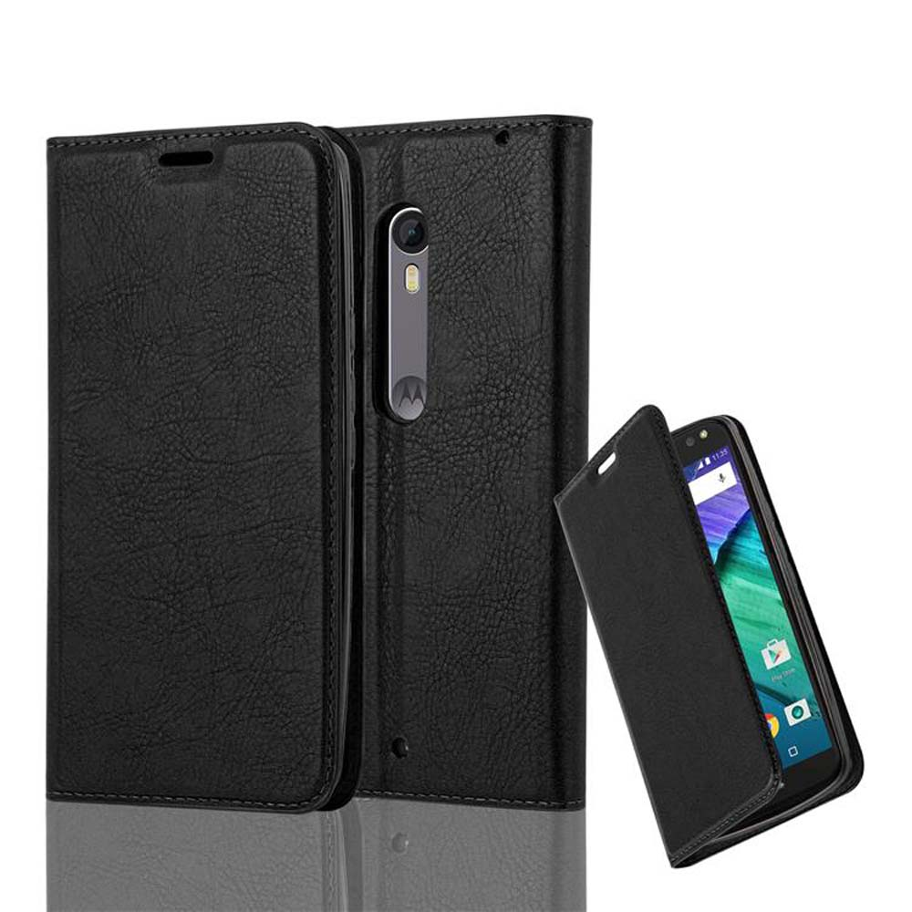 Custodia in pelle nera con telefono all'interno. Due parti visibili.