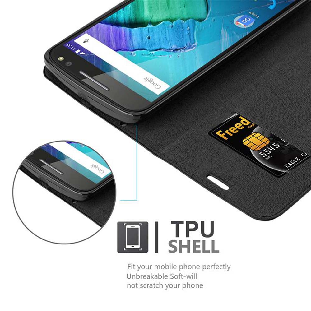 Un telefono nero in un portafoglio nero con una carta. Il testo recita 'TPU SHELL' e altro testo descrittivo.