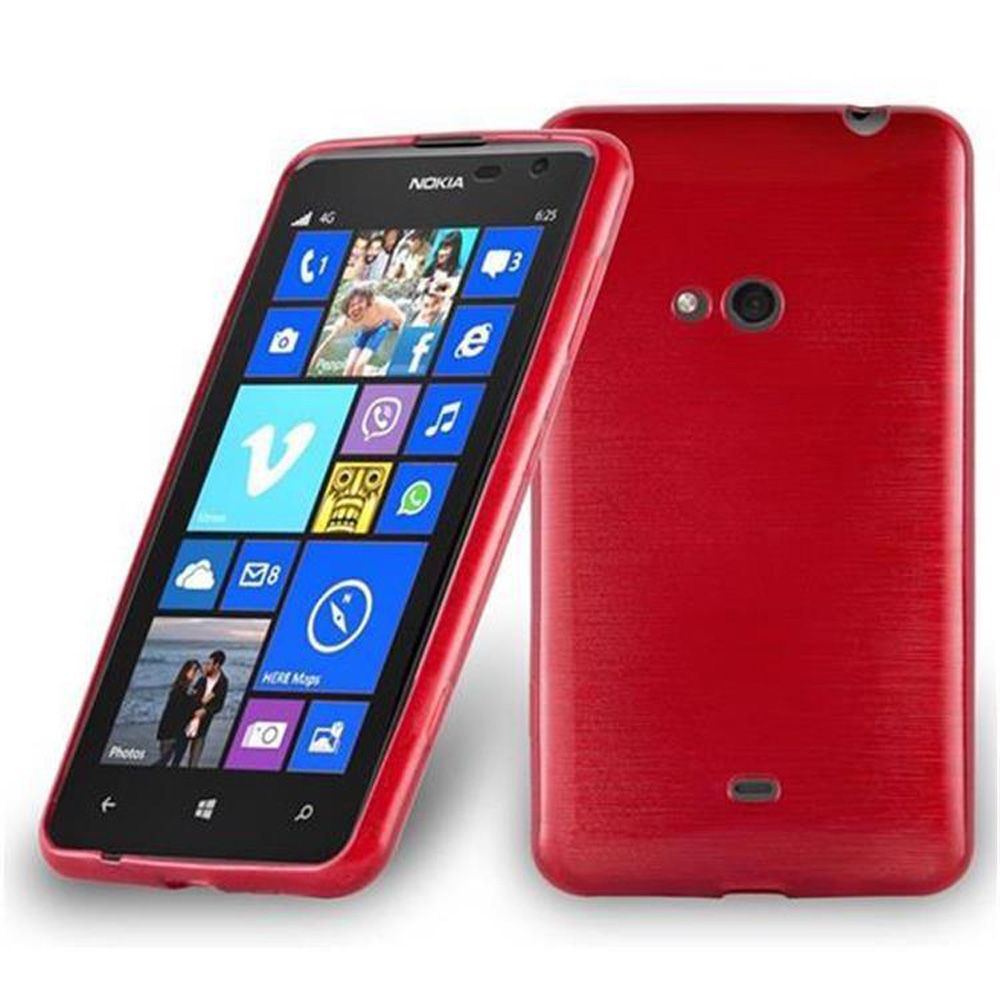 Un teléfono Nokia rojo con una funda roja y una pantalla con iconos, sobre un fondo blanco.