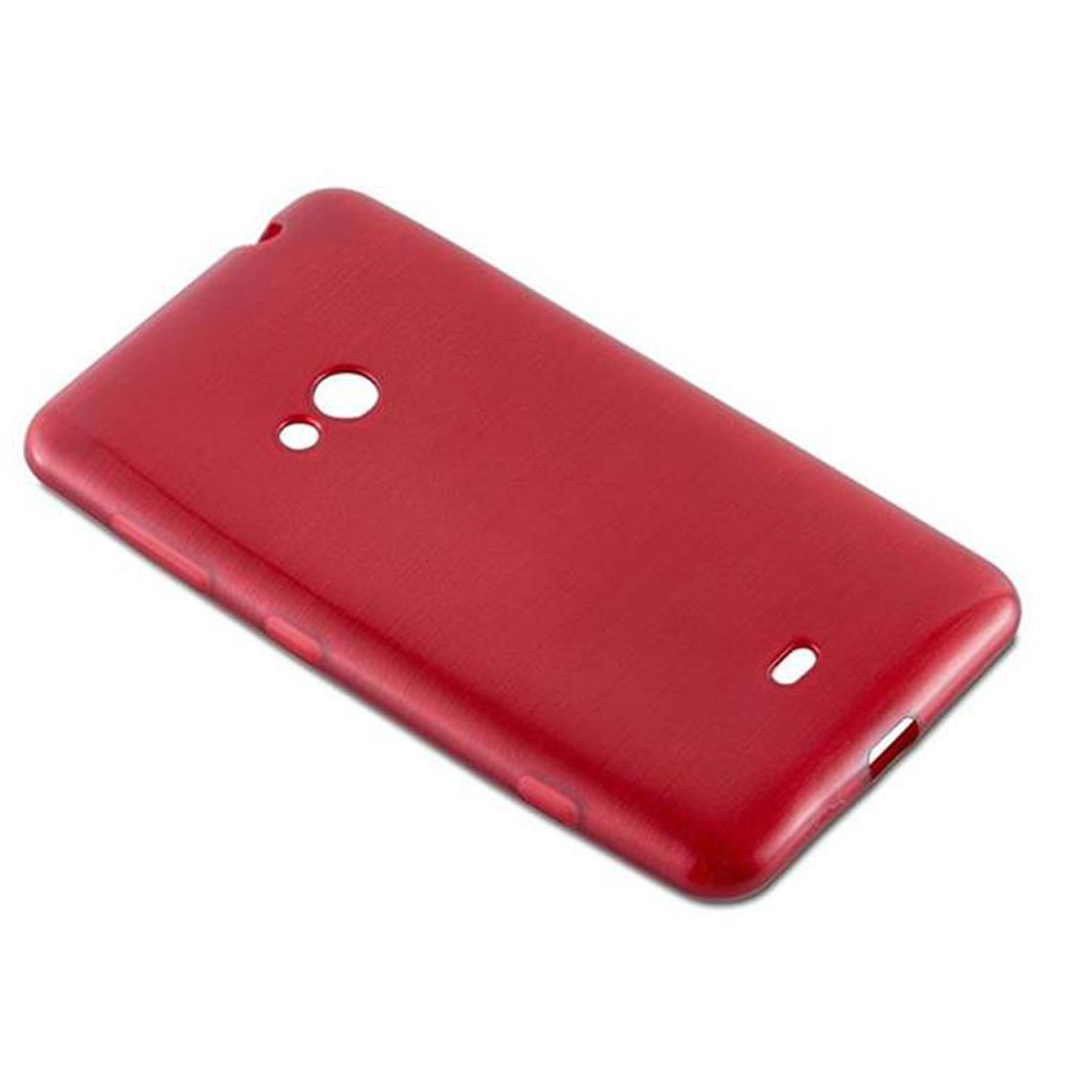 Funda roja para teléfono con recortes para cámara y botones, textura suave, en ángulo sobre blanco.