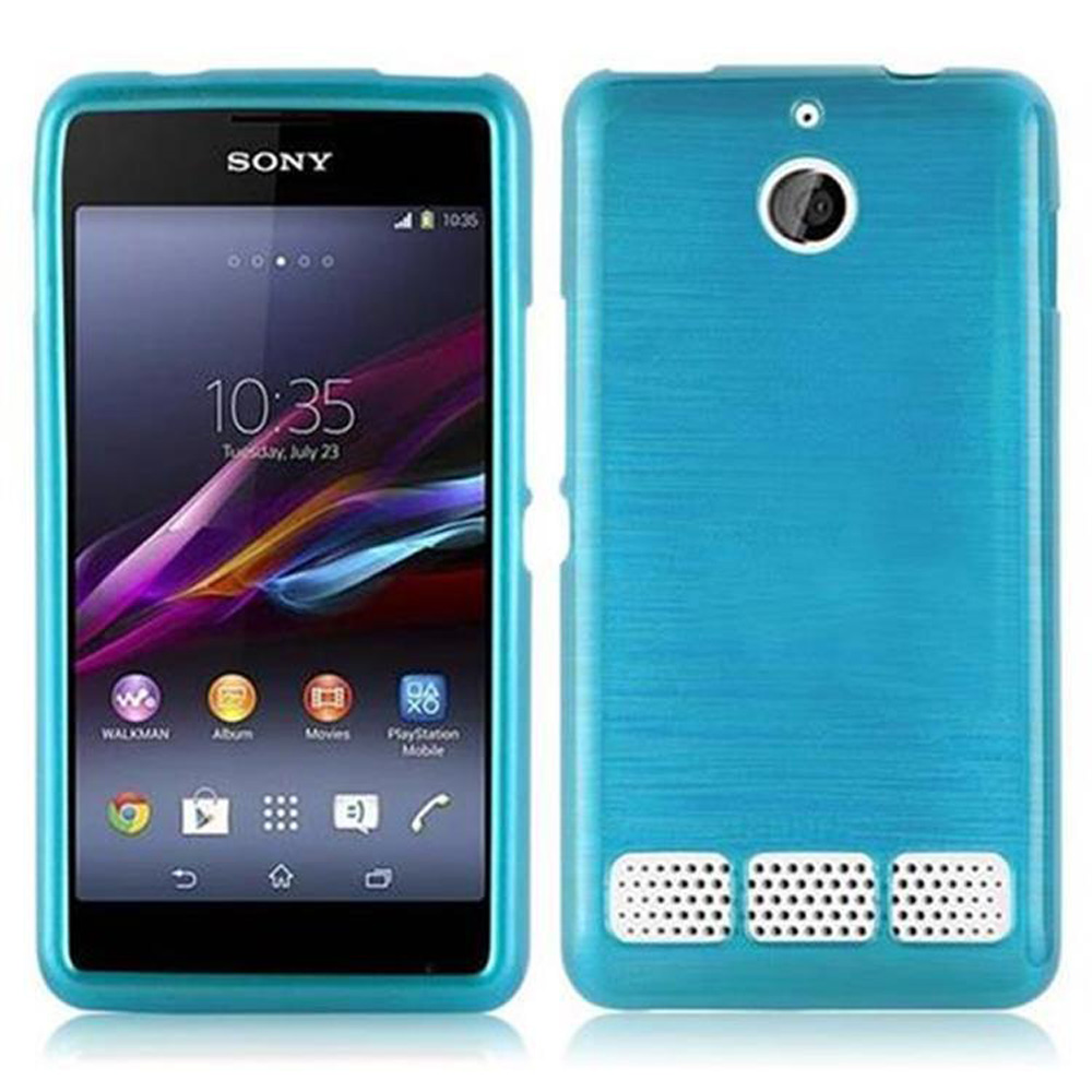Un teléfono azul y una funda azul. La pantalla del teléfono es visible y está encendida, la funda también es azul.