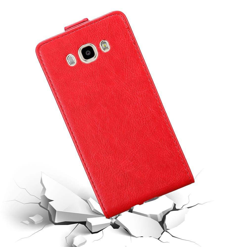Rote Handyhülle. Geöffnet, zeigt ein Telefon. Zerbrochener Boden unter der Hülle.