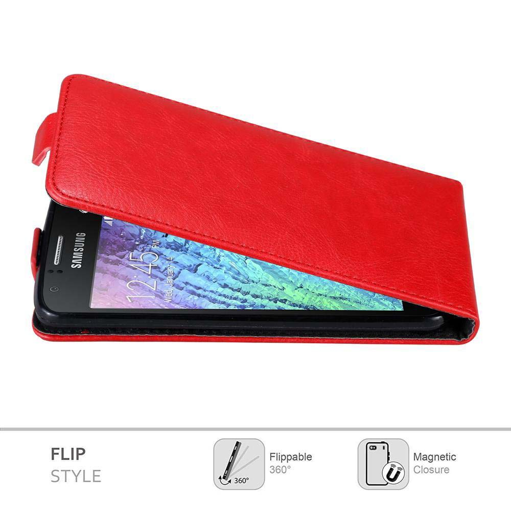 Rote Handyhülle offen, Telefon zeigend. Merkmale sind Flip-Stil, klappbar und Magnetverschluss.