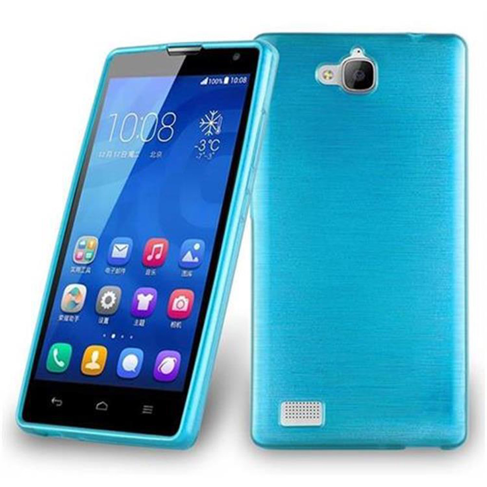 Funda de teléfono azul con un teléfono que muestra iconos de aplicaciones. La parte trasera es azul.