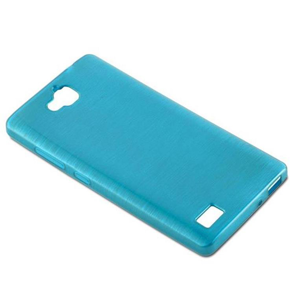Funda de teléfono azul, con recortes para la cámara y botones. Tiene un efecto de metal cepillado.